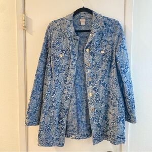 Chicos Floral Brocade Long Blue Denim Jacket